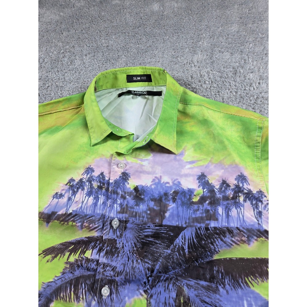 Carbon Mens Slim Fit Short Sleeve Tropical Palm Tree Print Button Down Shirt L